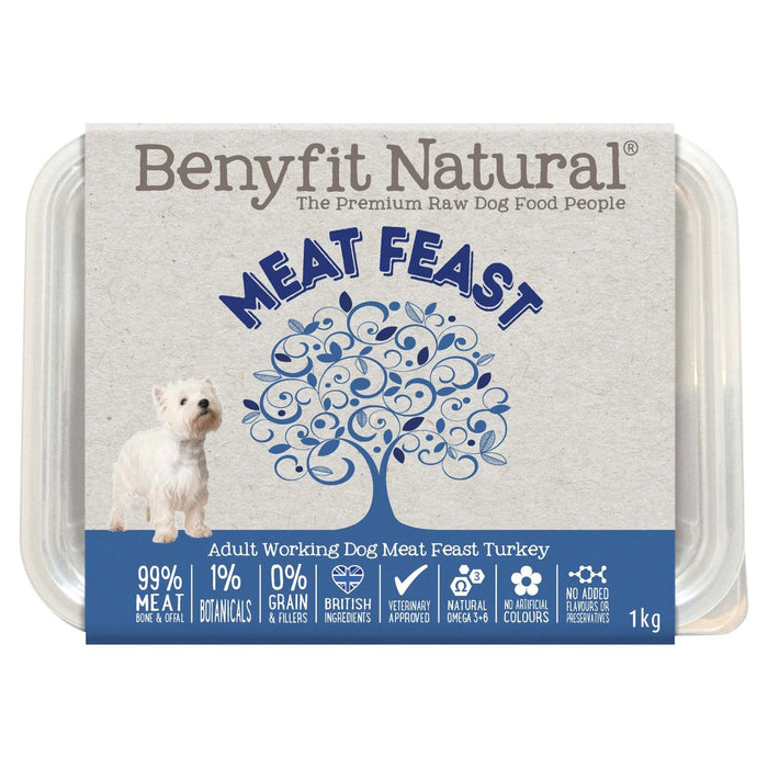 Benyfit Natural Meat Fiest Turquía completa Comida para perros de trabajo crudo para adultos 1 kg