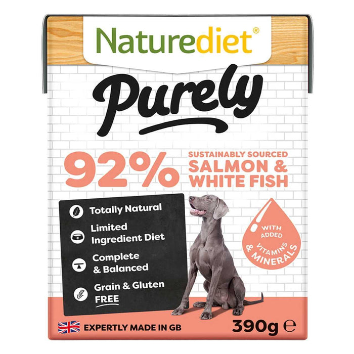 Naturediet puramente 92% Salmón y pescado blanco Comida de perro húmedo 18 x 390g