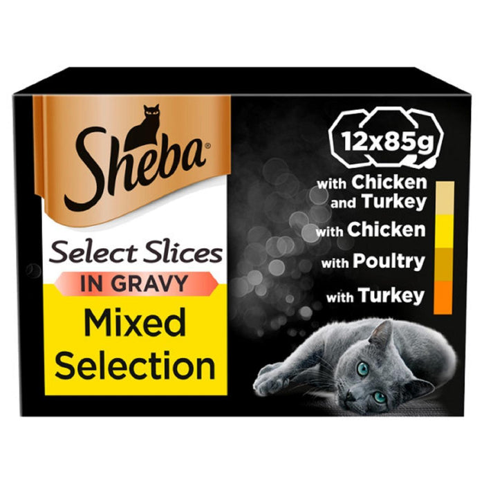 Sheba Select Slices Adult 1+ Plateau de nourriture pour chats mouillés Gravy de volaille mélangée 12 x 85g