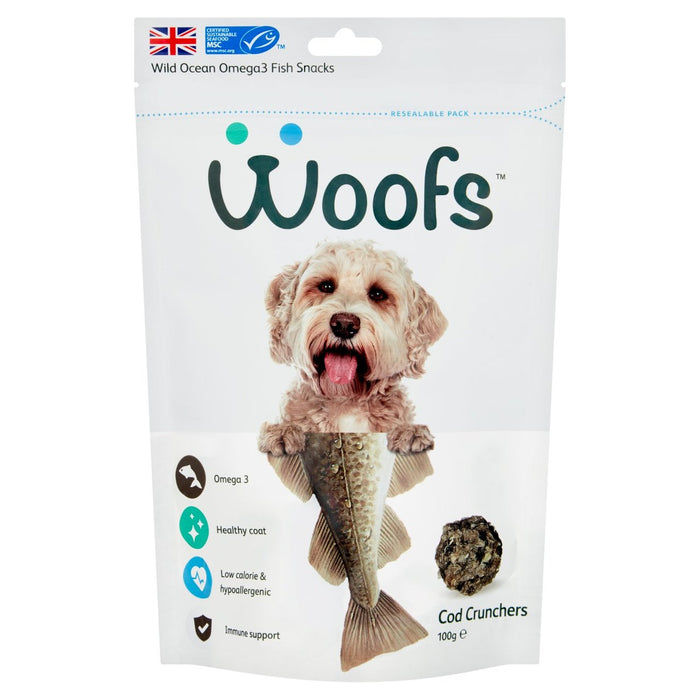 Woofs Cod Crunchers Dog behandelt 100% natürlicher MSC Fisch 100g
