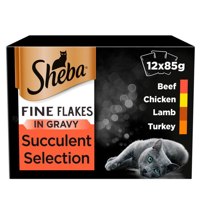Sheba fine flocon adulte 1+ pochette de chat humide Succulent Gravy mixte 12 x 85g